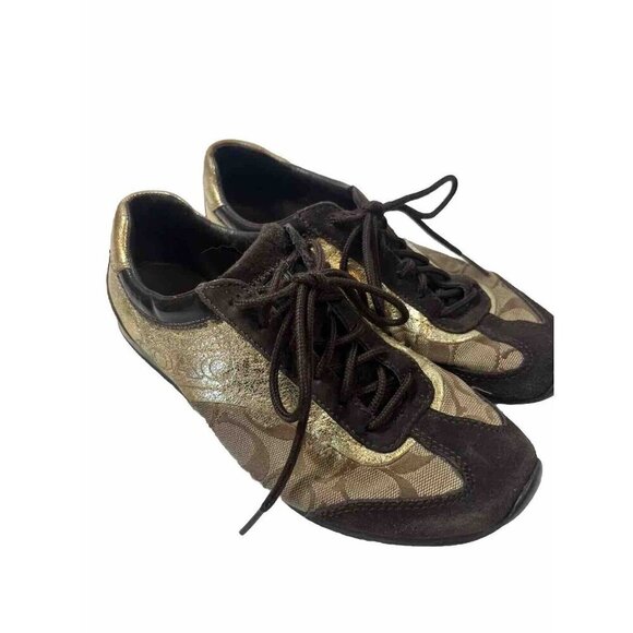 Coach BROWN GOLD KODIE WOMENS SUEDE LEATHER SNEAKERS 6.5 - Picture 1 of 15
